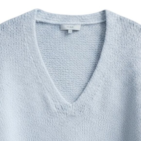 Vince Textured V-Neck Sweater Light Blue Sky Blue Designer Cotton Knit M - Picture 3 of 10